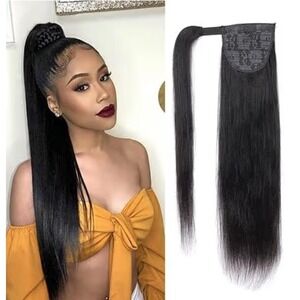 24‎ Inch Human Hair Blend Wrap Around Ponytail Natural Black Straight NEW